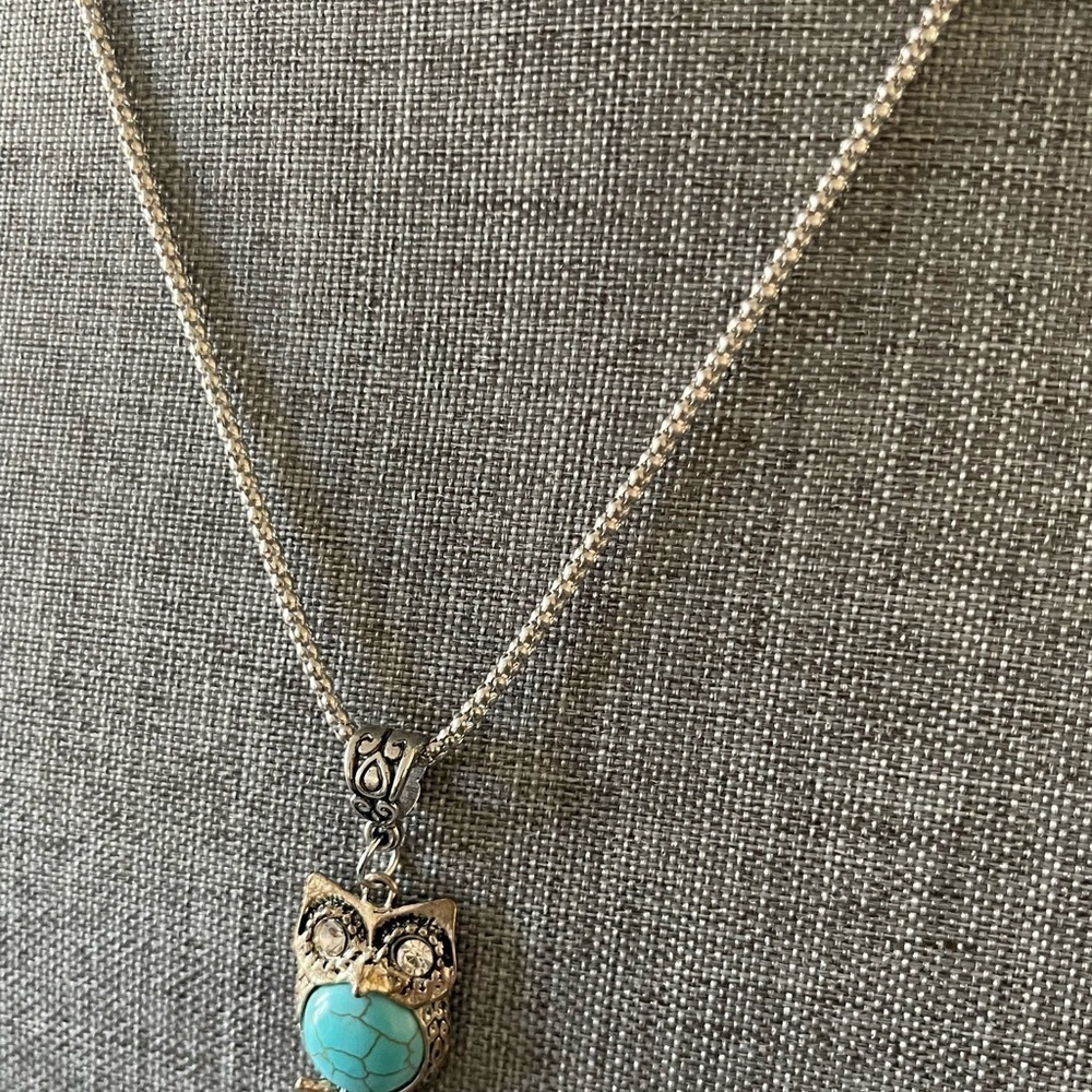 Womens Owl Silver/Gold Tone Faux Turquoise Boho Necklace - Picture 3 of 7